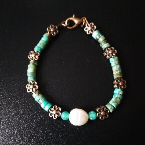 Green Sea Sediment Jasper + Copper Flowers + Real Pearl - Dainty Girly Tomboys - Picture 1 of 7